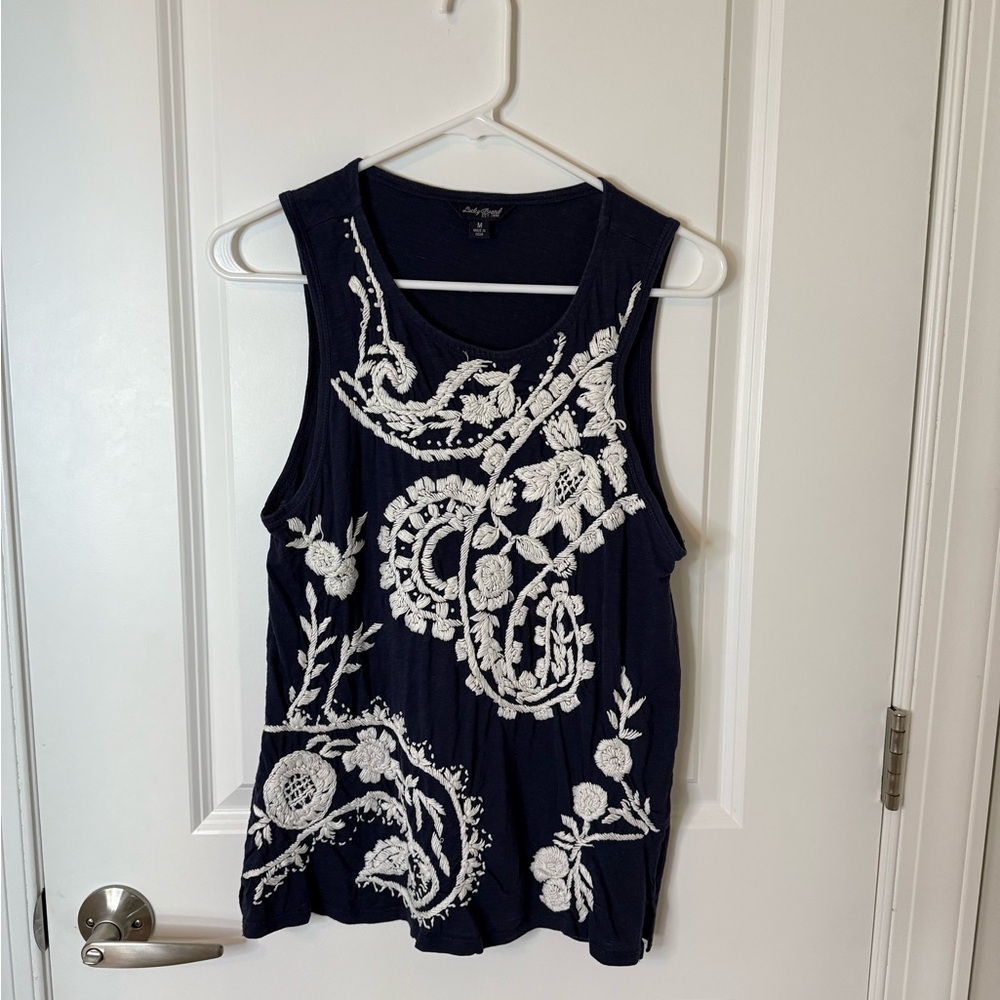 Lucky Brand Navy Tank with Intricate White Embroidery